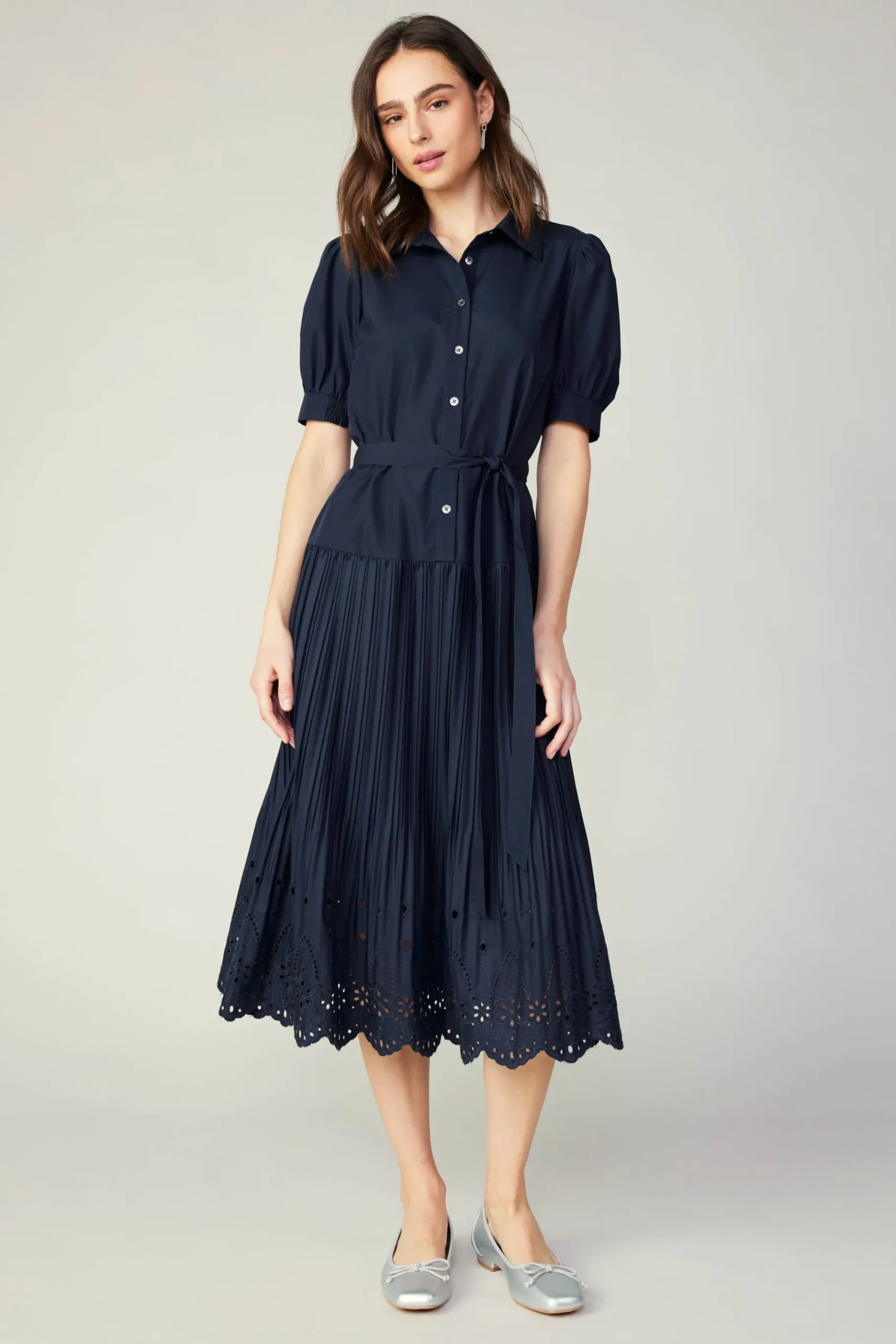 Best Pleated Eyelet Midi Dress Women Midi Dresses