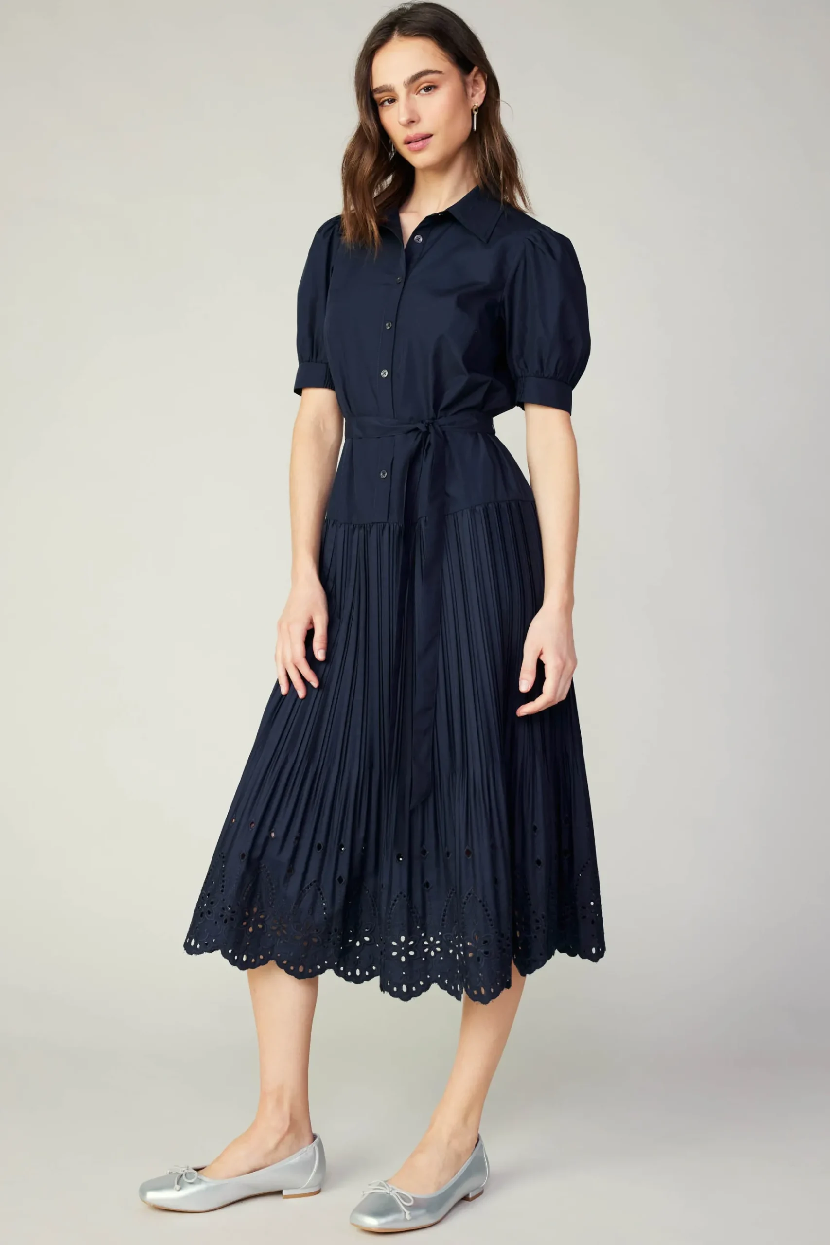 Best Pleated Eyelet Midi Dress Women Midi Dresses