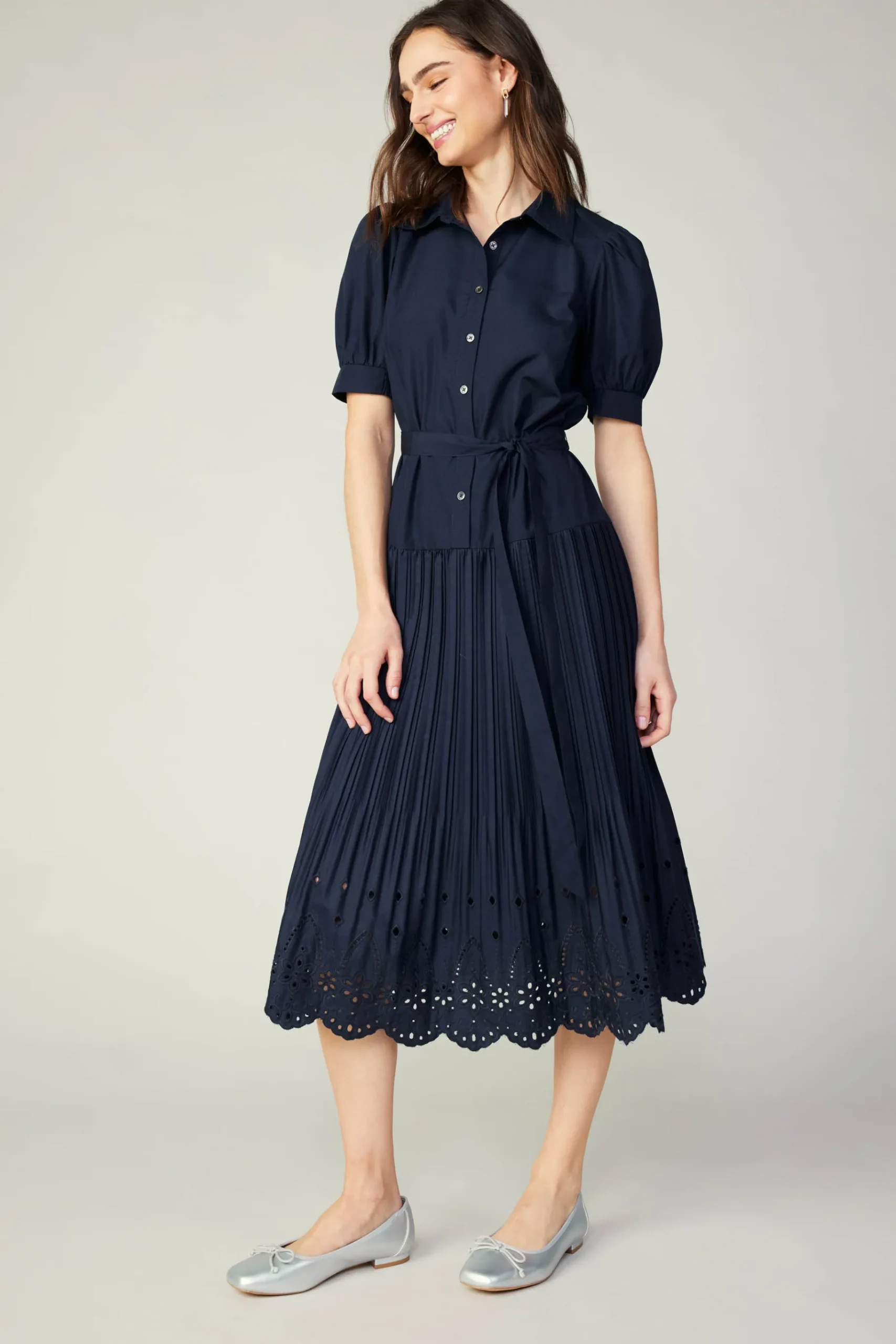 Best Pleated Eyelet Midi Dress Women Midi Dresses