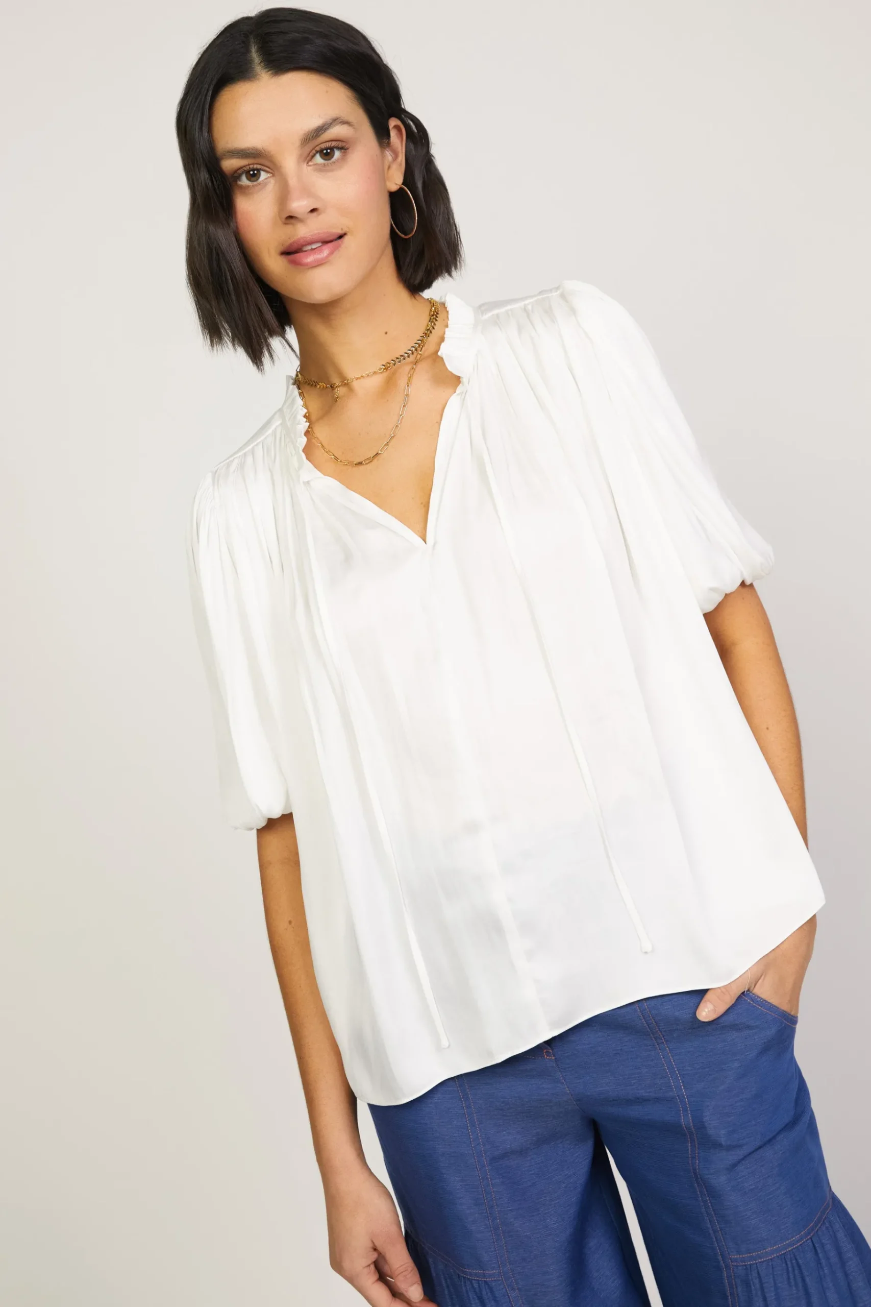 Fashion Pleated Puff Sleeve Blouse Women Short Sleeve Tops