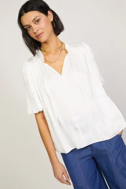 Fashion Pleated Puff Sleeve Blouse Women Short Sleeve Tops