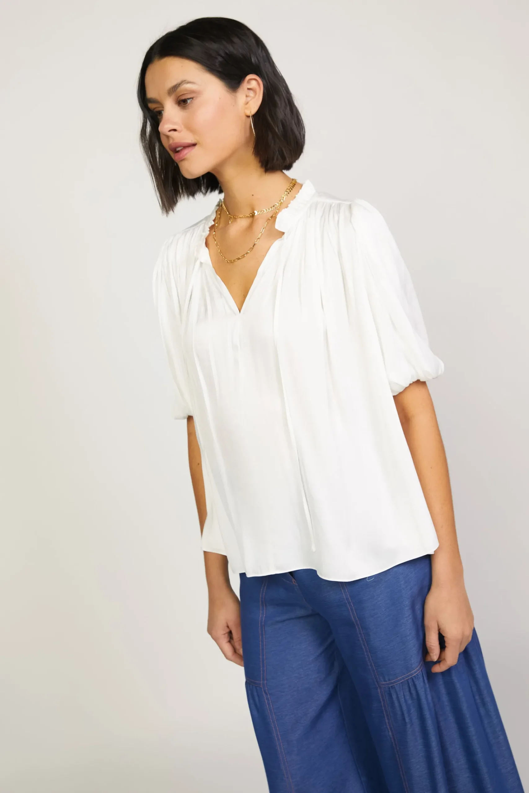 Fashion Pleated Puff Sleeve Blouse Women Short Sleeve Tops