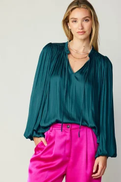 Online Pleated Puffed Sleeve Blouse Women Long Sleeve Tops