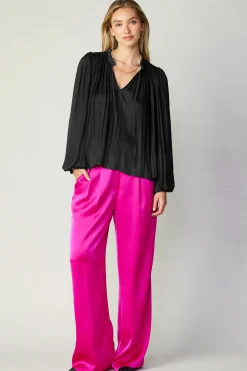 Outlet Pleated Puffed Sleeve Blouse Women Long Sleeve Tops