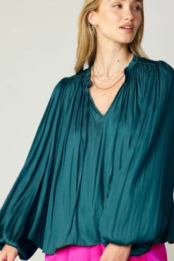 Online Pleated Puffed Sleeve Blouse Women Long Sleeve Tops