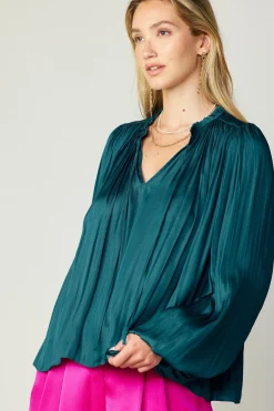 Online Pleated Puffed Sleeve Blouse Women Long Sleeve Tops