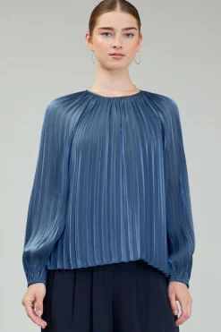 Online Pleated Shimmery Blouse Women Long Sleeve Tops