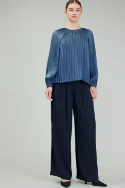 Online Pleated Shimmery Blouse Women Long Sleeve Tops