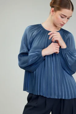 Online Pleated Shimmery Blouse Women Long Sleeve Tops