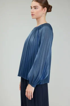 Online Pleated Shimmery Blouse Women Long Sleeve Tops
