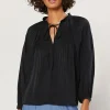 Fashion Pleated Split Neck Top Women Long Sleeve Tops