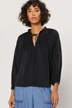 Fashion Pleated Split Neck Top Women Long Sleeve Tops
