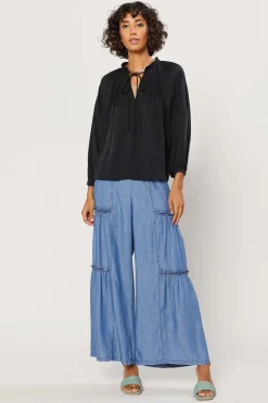 Fashion Pleated Split Neck Top Women Long Sleeve Tops