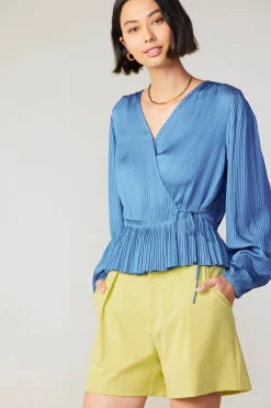 Fashion Pleated Wrap Top Women Long Sleeve Tops