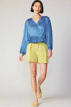 Fashion Pleated Wrap Top Women Long Sleeve Tops