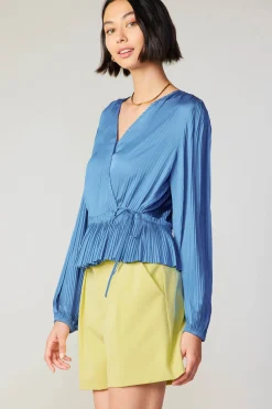 Fashion Pleated Wrap Top Women Long Sleeve Tops