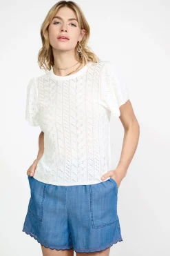 Clearance Pointelle Knit Sweater Top Women Short Sleeve Tops | Sweaters