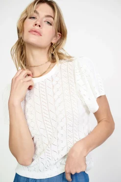 Clearance Pointelle Knit Sweater Top Women Short Sleeve Tops | Sweaters