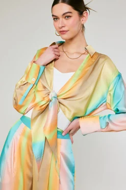 New Prismatic Gradient Front Tie Shirt Women Long Sleeve Tops