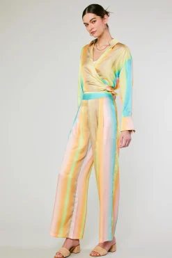 New Prismatic Gradient Front Tie Shirt Women Long Sleeve Tops
