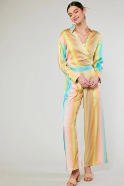 New Prismatic Gradient Front Tie Shirt Women Long Sleeve Tops