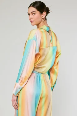 New Prismatic Gradient Front Tie Shirt Women Long Sleeve Tops
