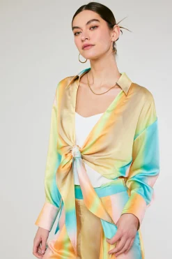 New Prismatic Gradient Front Tie Shirt Women Long Sleeve Tops