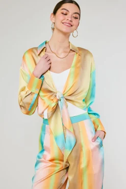 New Prismatic Gradient Front Tie Shirt Women Long Sleeve Tops