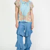 Online Retro Floral Bubble Sleeve Top Women Short Sleeve Tops