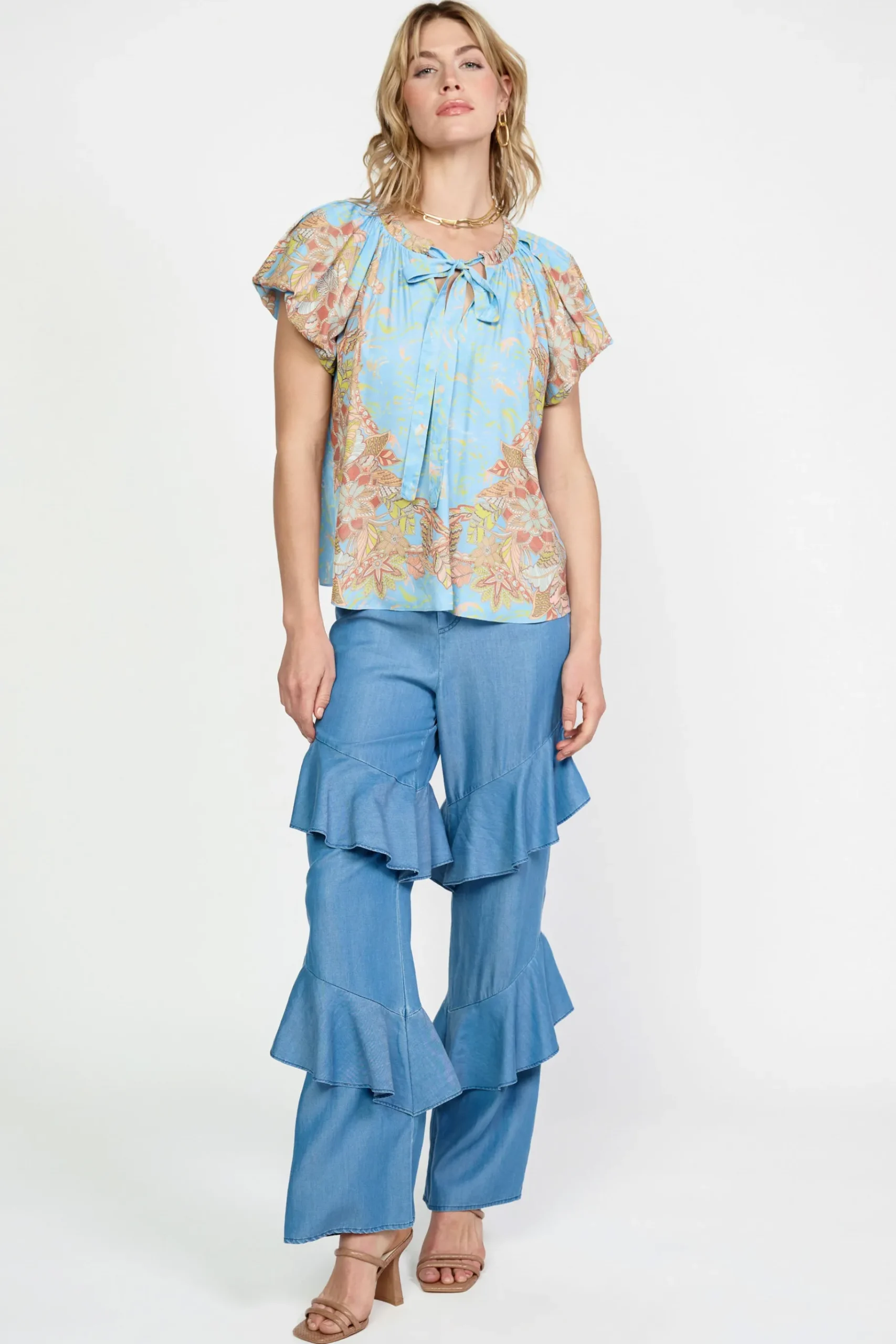 Online Retro Floral Bubble Sleeve Top Women Short Sleeve Tops