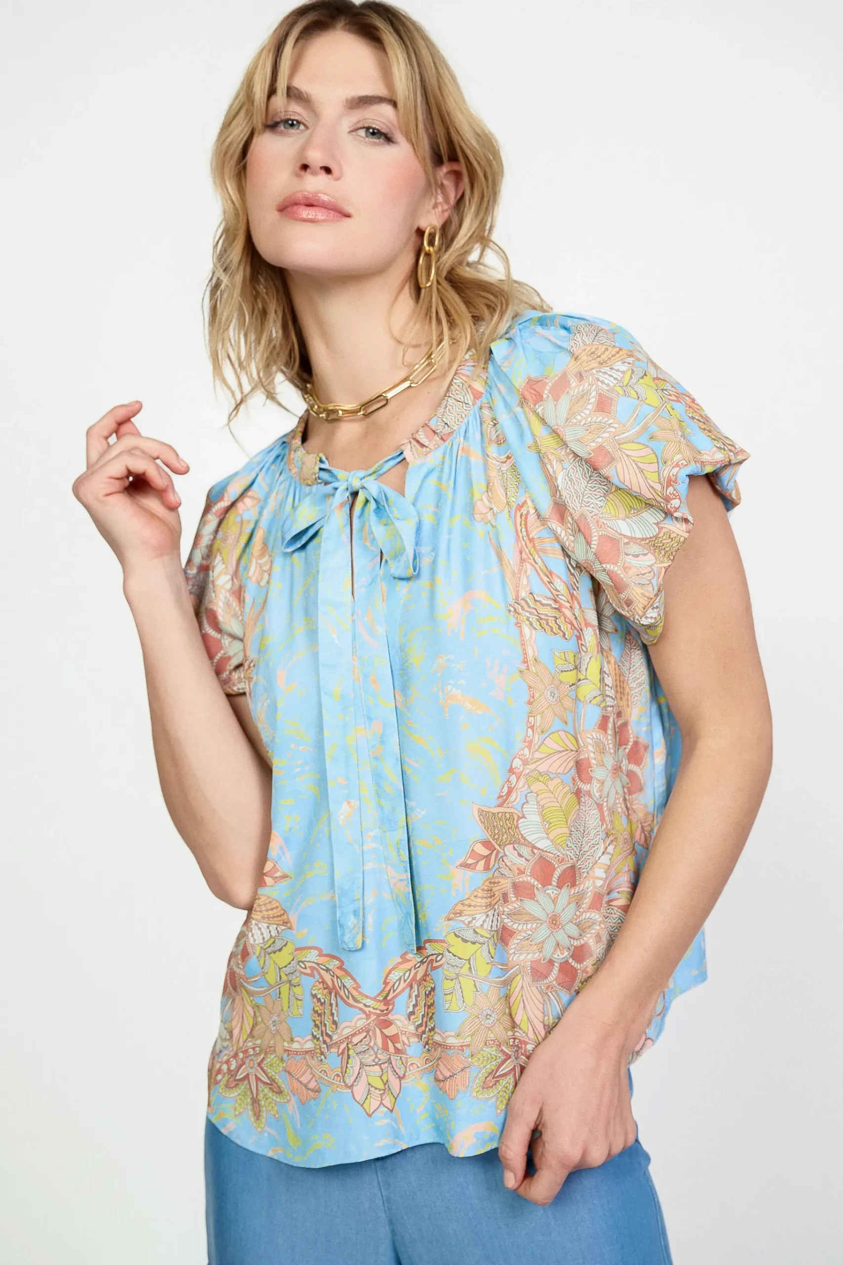 Online Retro Floral Bubble Sleeve Top Women Short Sleeve Tops