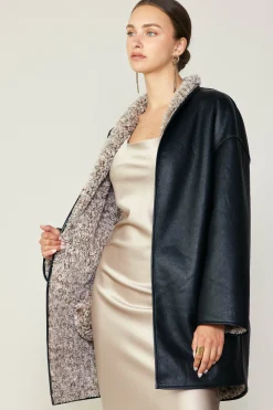 Hot Reversible Faux Fur & Leather Coat Women Coats & Jackets