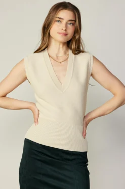 Outlet Ribbed Collar Sweater Vest Women Sleeveless Tops