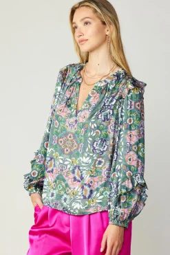 Discount Ruffle Trim Blouse Women Long Sleeve Tops