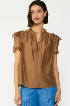 Online Ruffled Shoulder Blouse Women Short Sleeve Tops
