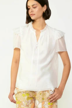 Clearance Ruffled Shoulder Blouse Women Short Sleeve Tops