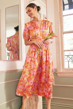 Hot Ruffled Shoulder Floral Midi Dress Women Midi Dresses