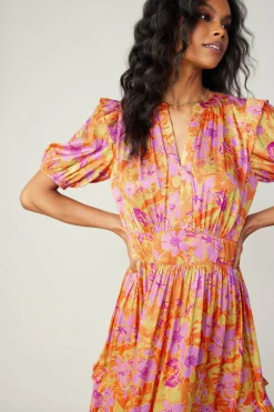 Hot Ruffled Shoulder Floral Midi Dress Women Midi Dresses