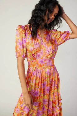 Hot Ruffled Shoulder Floral Midi Dress Women Midi Dresses