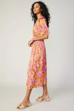 Hot Ruffled Shoulder Floral Midi Dress Women Midi Dresses