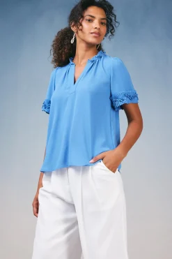 Best Ruffled Trim Blouse Women Short Sleeve Tops