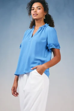 Best Ruffled Trim Blouse Women Short Sleeve Tops