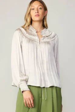 Online Ruffled Yoke Blouse Women Long Sleeve Tops