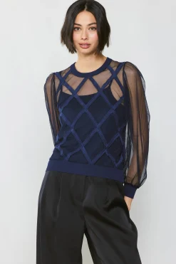 Best Sheer Crosshatch Cami-lined Top Women Long Sleeve Tops | Sweaters