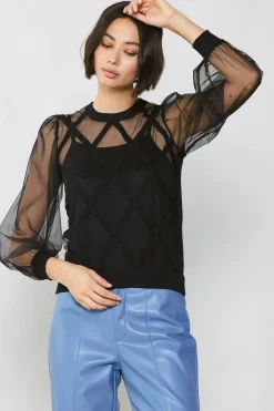 Online Sheer Crosshatch Cami-lined Top Women Long Sleeve Tops | Sweaters