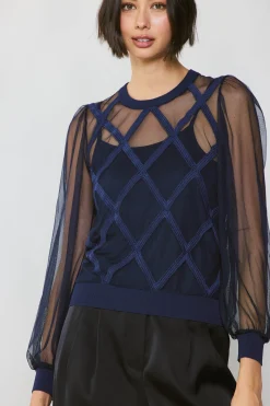 Best Sheer Crosshatch Cami-lined Top Women Long Sleeve Tops | Sweaters