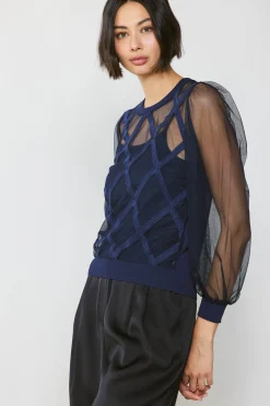 Best Sheer Crosshatch Cami-lined Top Women Long Sleeve Tops | Sweaters