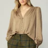 Discount Shirred Jacquard Blouse Women Long Sleeve Tops
