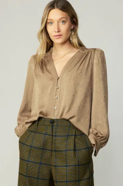 Discount Shirred Jacquard Blouse Women Long Sleeve Tops