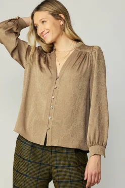 Discount Shirred Jacquard Blouse Women Long Sleeve Tops